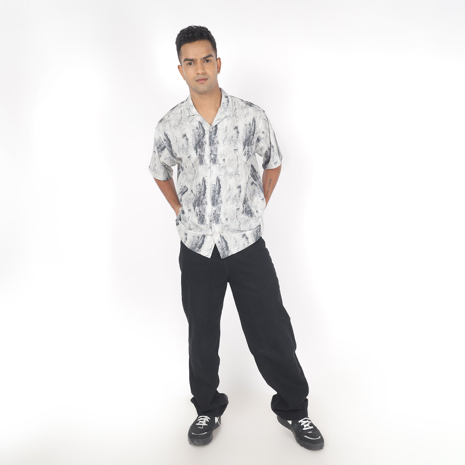 Men White Wood Print Funky Shirt