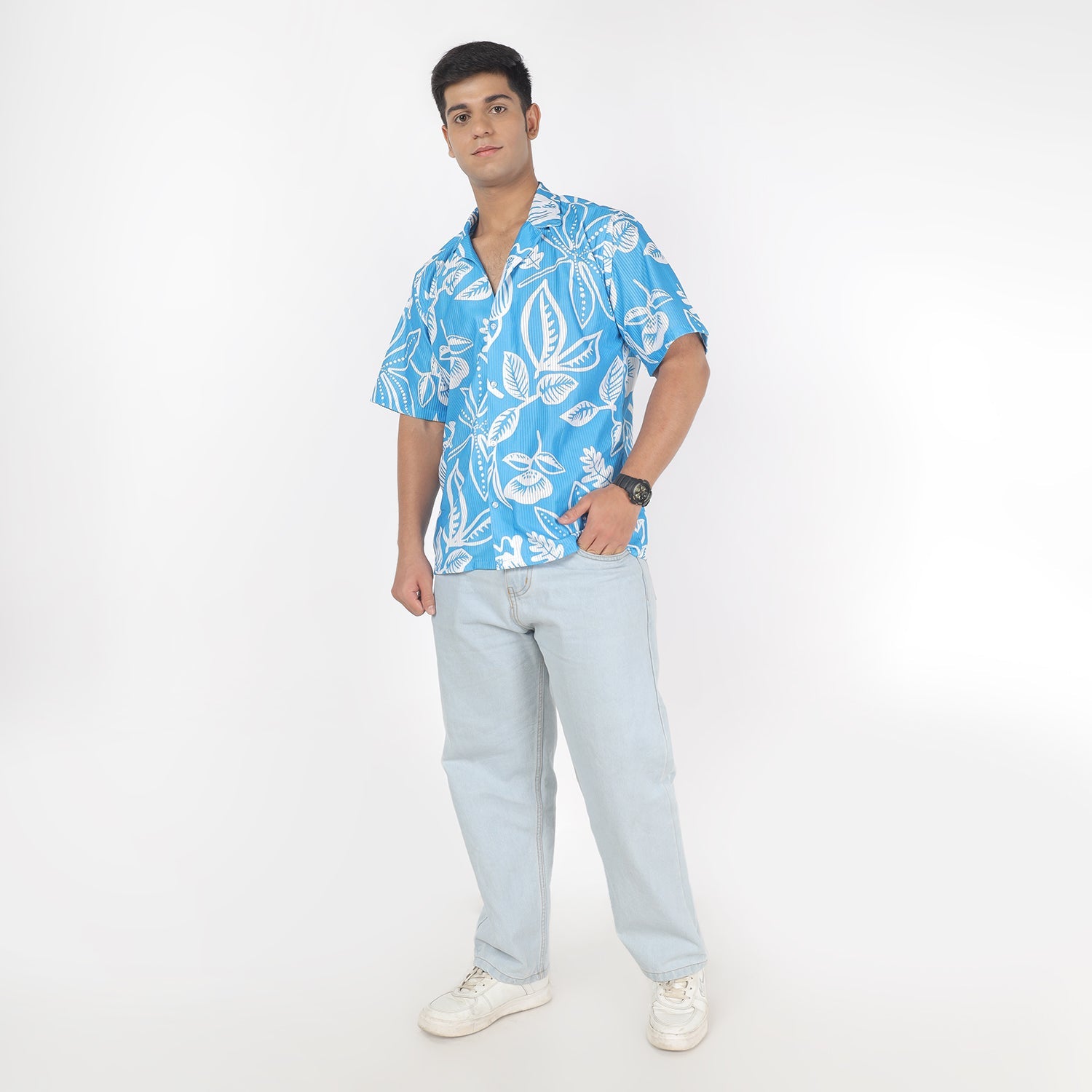 Men White Flower Print Funky Shirt