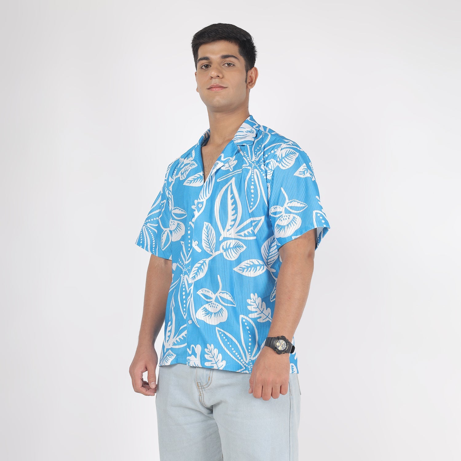 Men White Flower Print Funky Shirt