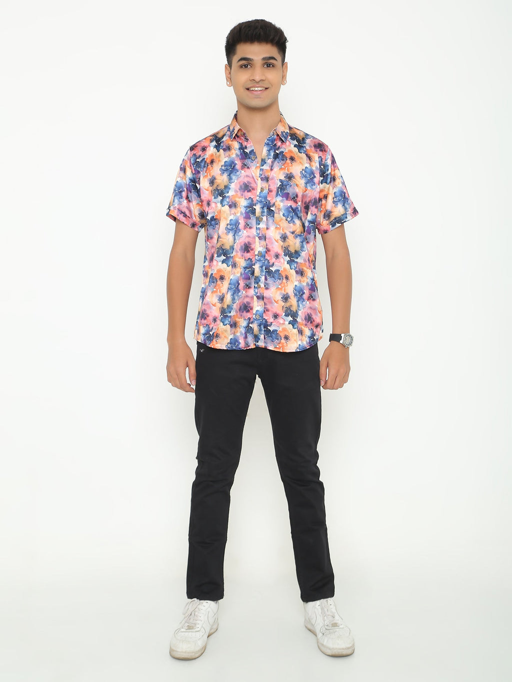 Blue with Pink Abstract Printed Casuals Shirt