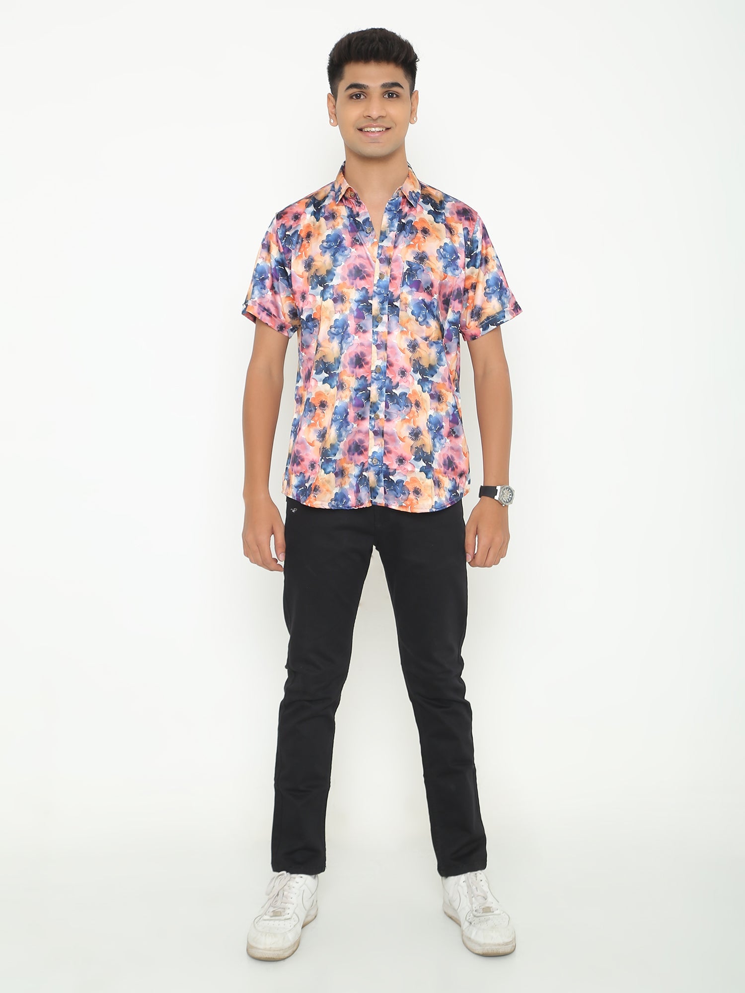Blue with Pink Abstract Printed Casuals Shirt