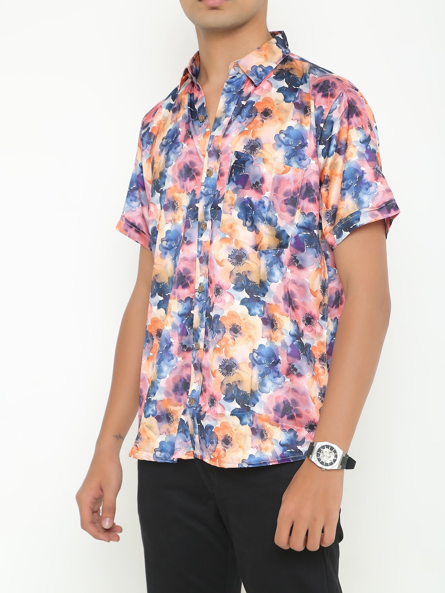 Blue with Pink Abstract Printed Casuals Shirt