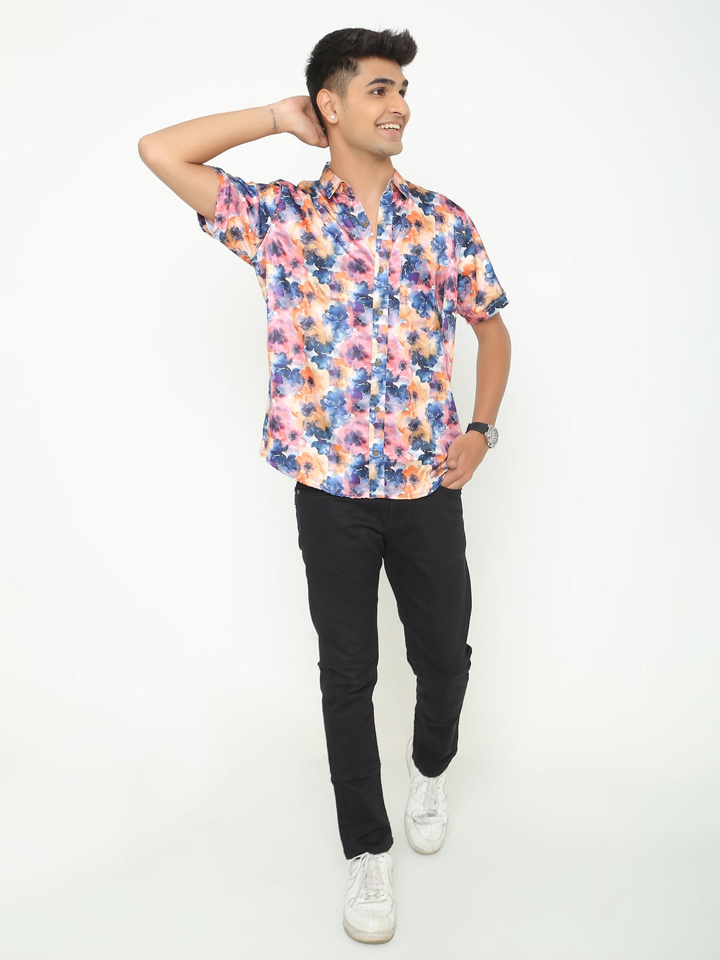 Blue with Pink Abstract Printed Casuals Shirt