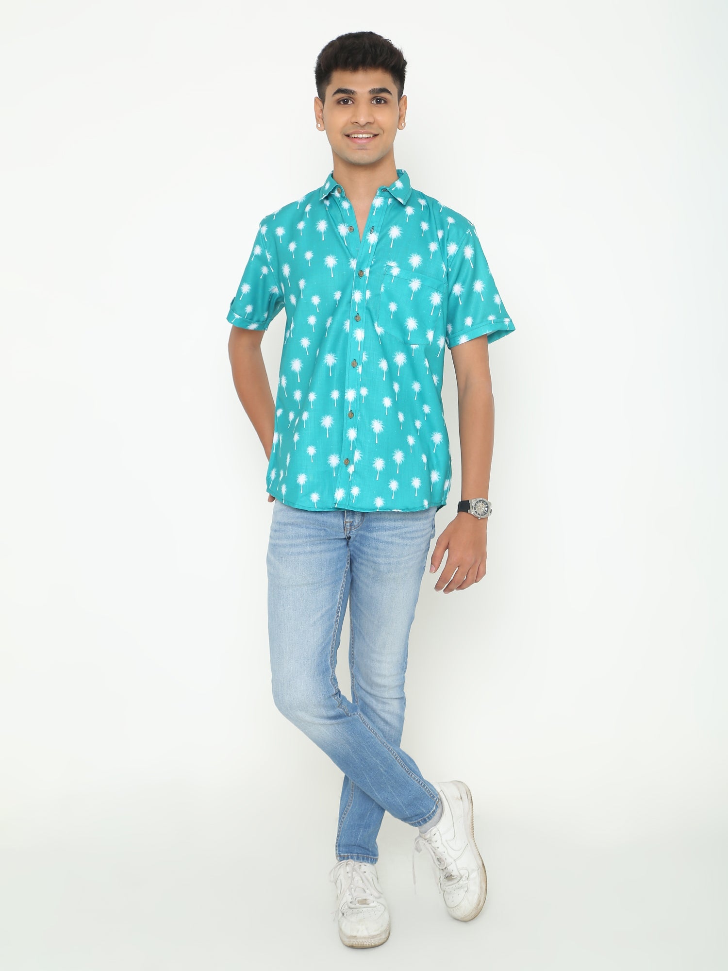 Modest Sky Blue Floral Printed Casuals Shirt
