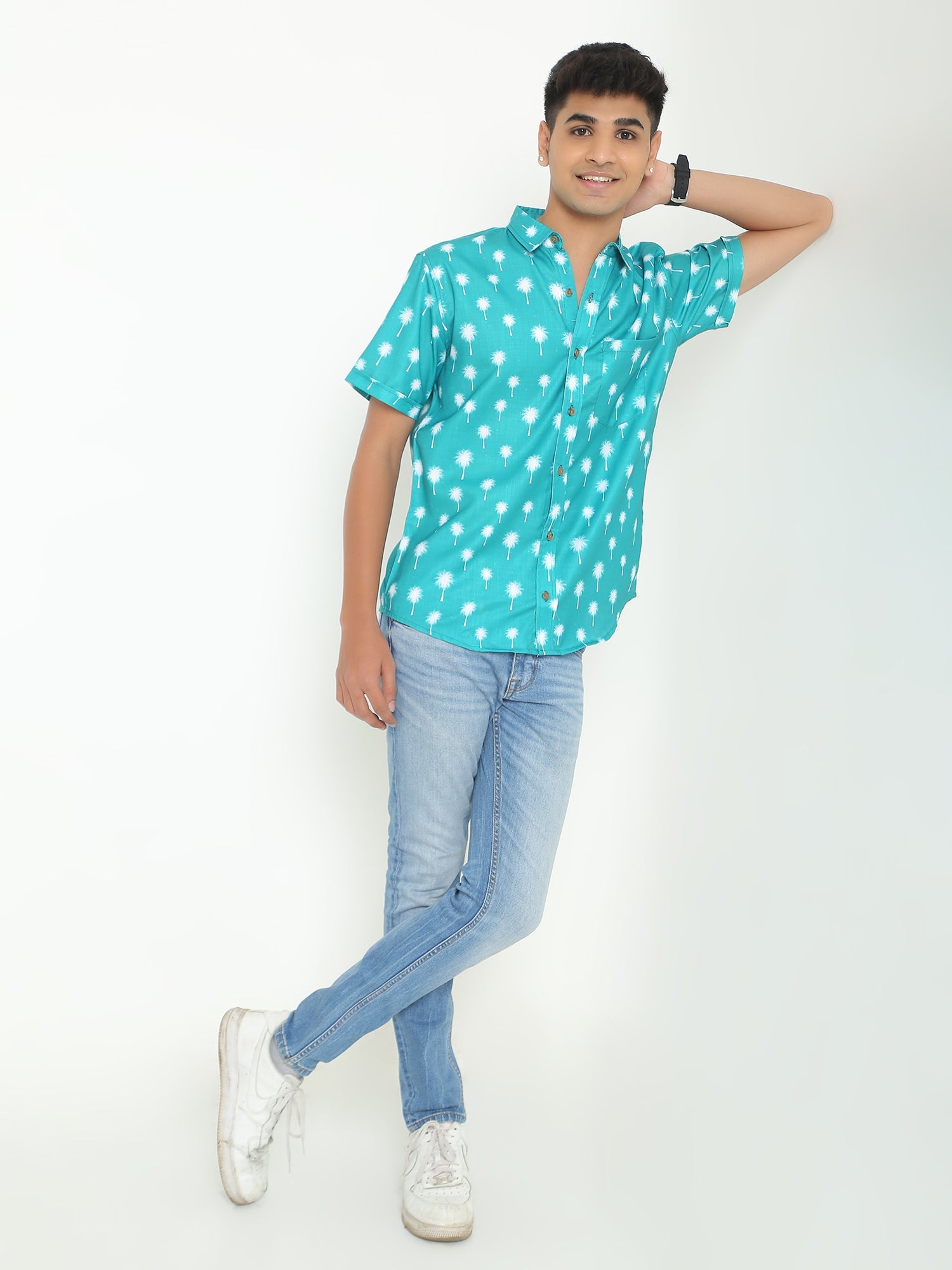 Modest Sky Blue Floral Printed Casuals Shirt