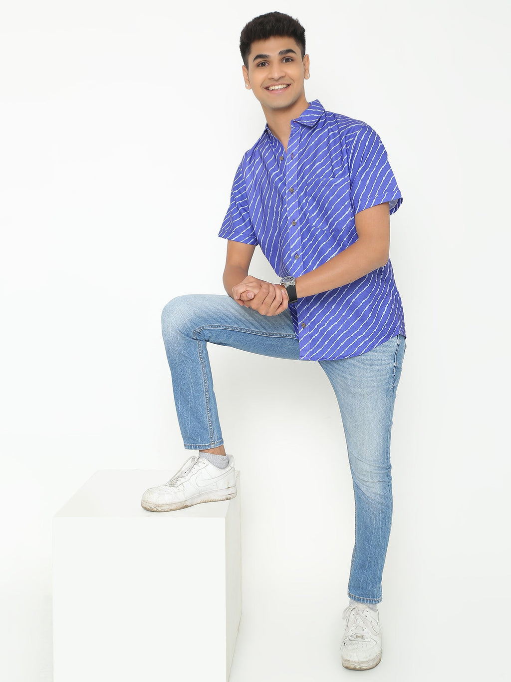 Blue with White Lines Printed Casuals Shirt